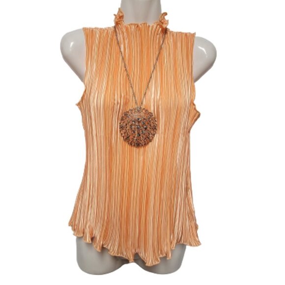 Accordion Style High Neck Lightweight Sleeveless Orange Tops Size M Size XXL - Picture 1 of 8